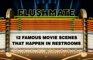 Movie marquee showing a title of "12 Famous Movie Scenes That Happen in Restrooms"