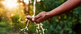Hands cupped under running water in a natural setting