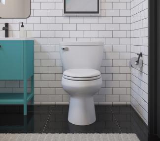 Pressure-assisted toilet in a white bathroom with black floor and white tile wall