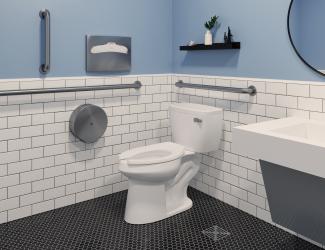 Public restroom with a pressure-assist toilet and ADA grab bars.